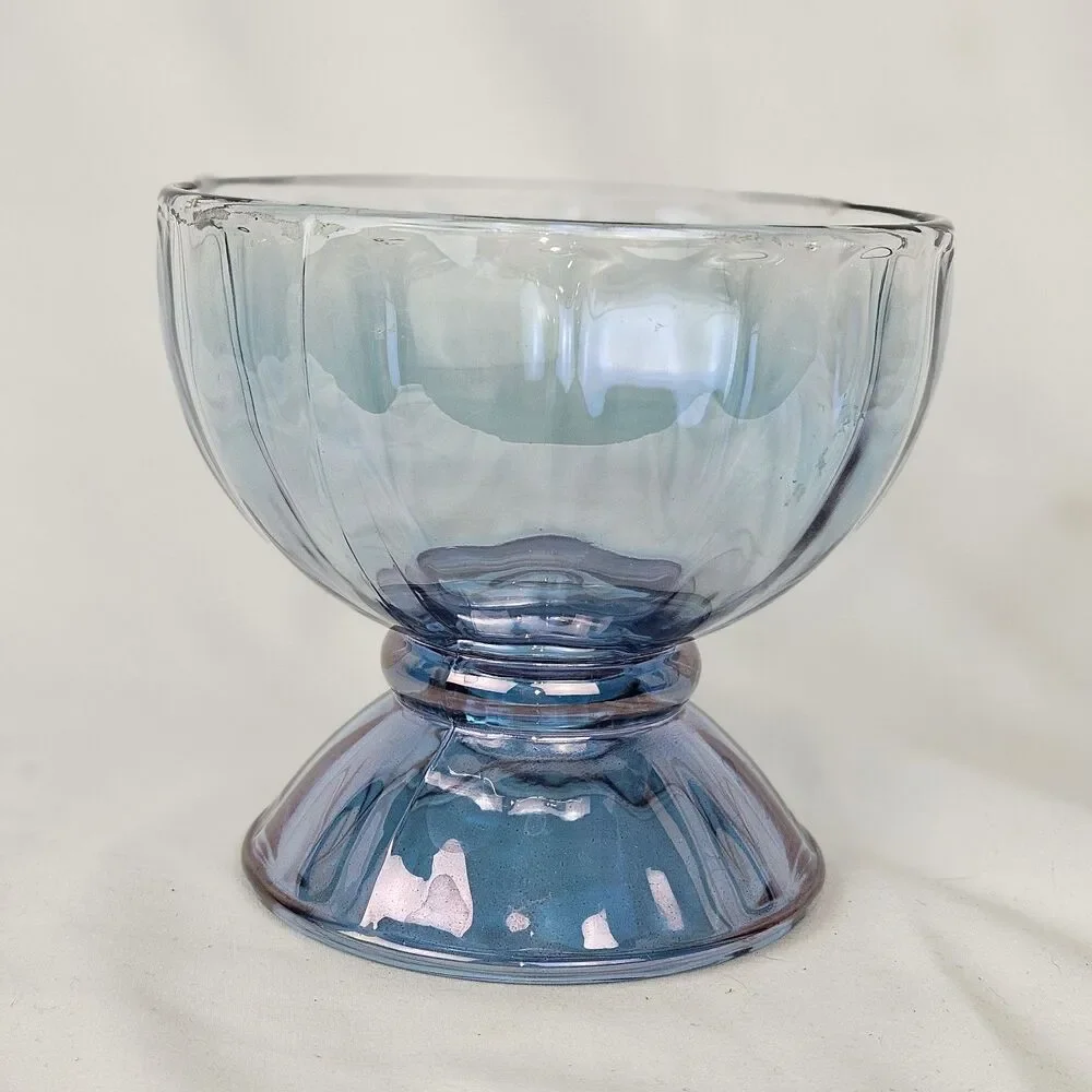 Libbey Blue Glass Dessert Bowl Fruit Ice Cream Pedestal Footed Bowl VTG